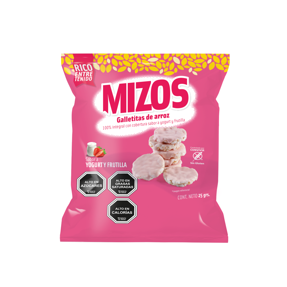 Galletitas de Arroz Integral Yogurt Frutilla 25gr - Sin Gluten - Mizos