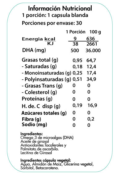 Omega 3 500mg DHA - 30 cápsulas (de Microalgas Vegano) - Dulzura Natural