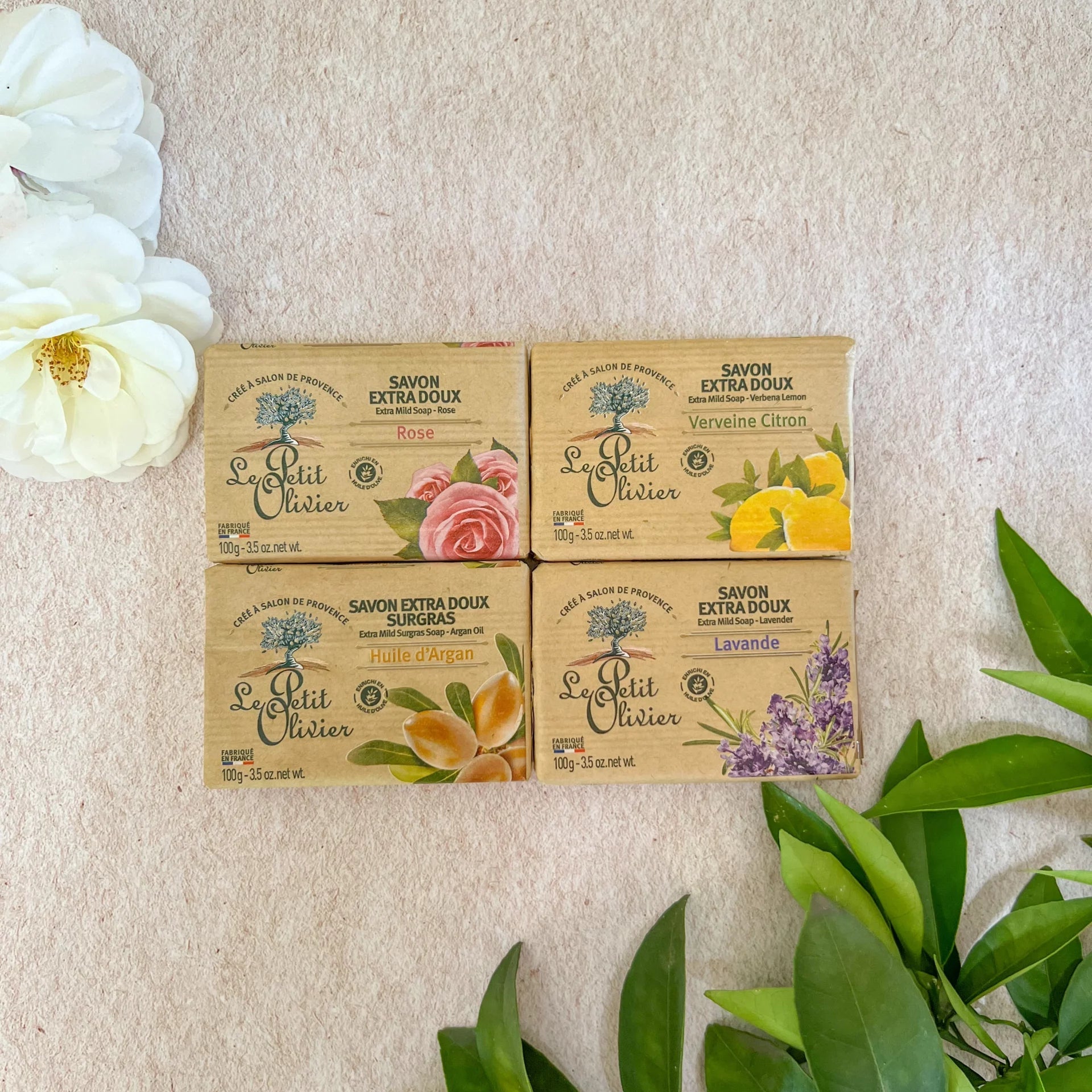 Set de Regalo 4 Jabones Sólidos Extra Suave - Verbena Limón - Rosa - Lavanda - Argán 100gr c/u - Le Petit Olivier