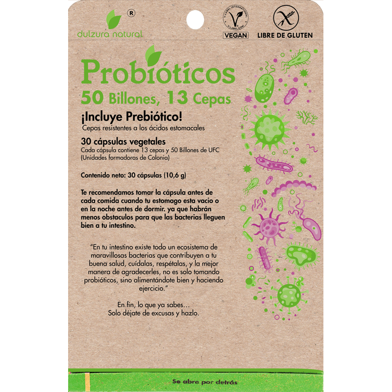 Probióticos 50 Billones – 13 Cepas + Prebiótico | 30 Cápsulas Vegetales (1 Mes) – Dulzura Natural