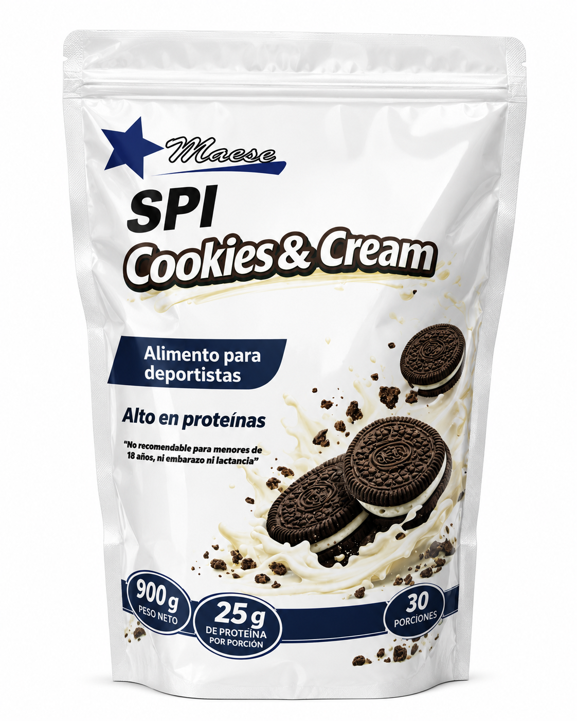 Proteína Aislada de Soya SPI Cookies & Cream 900g – 25g de Proteína (30 porciones) – Maese