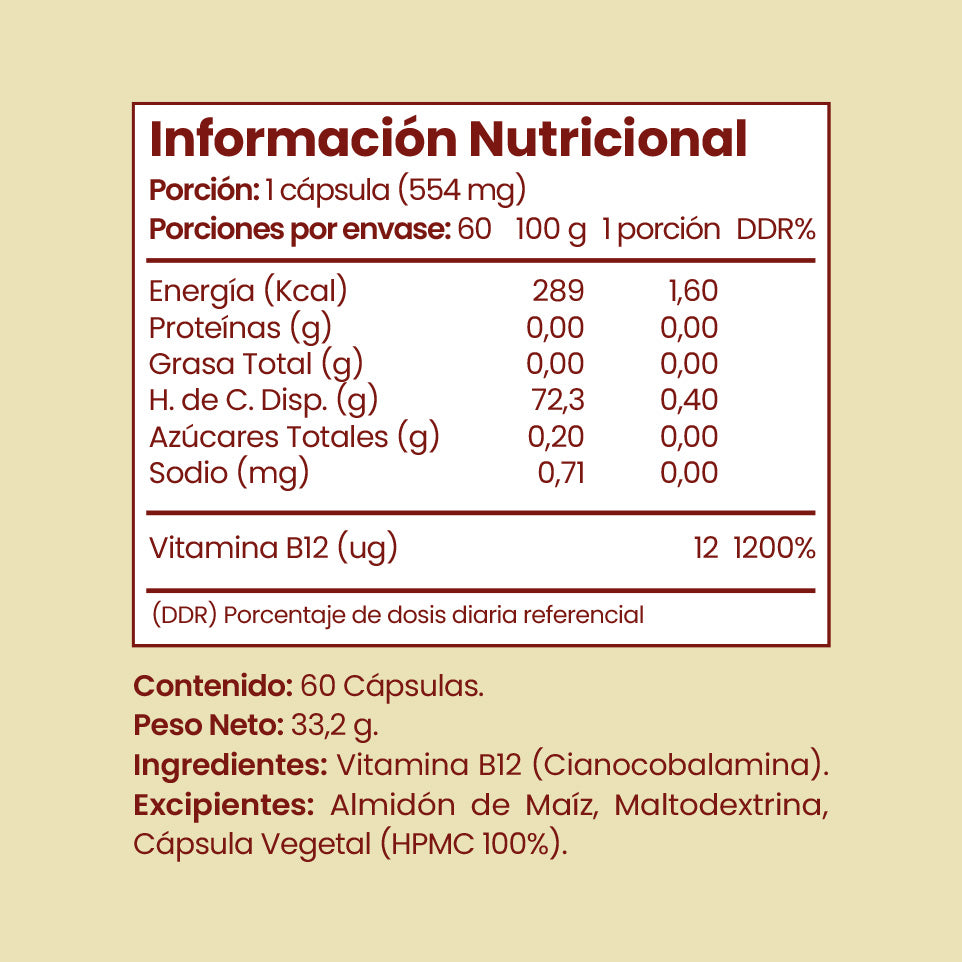 Vitamina B12 12mcg (Cianocobalamina) 60 Cápsulas Vegetales - Fuente Vital