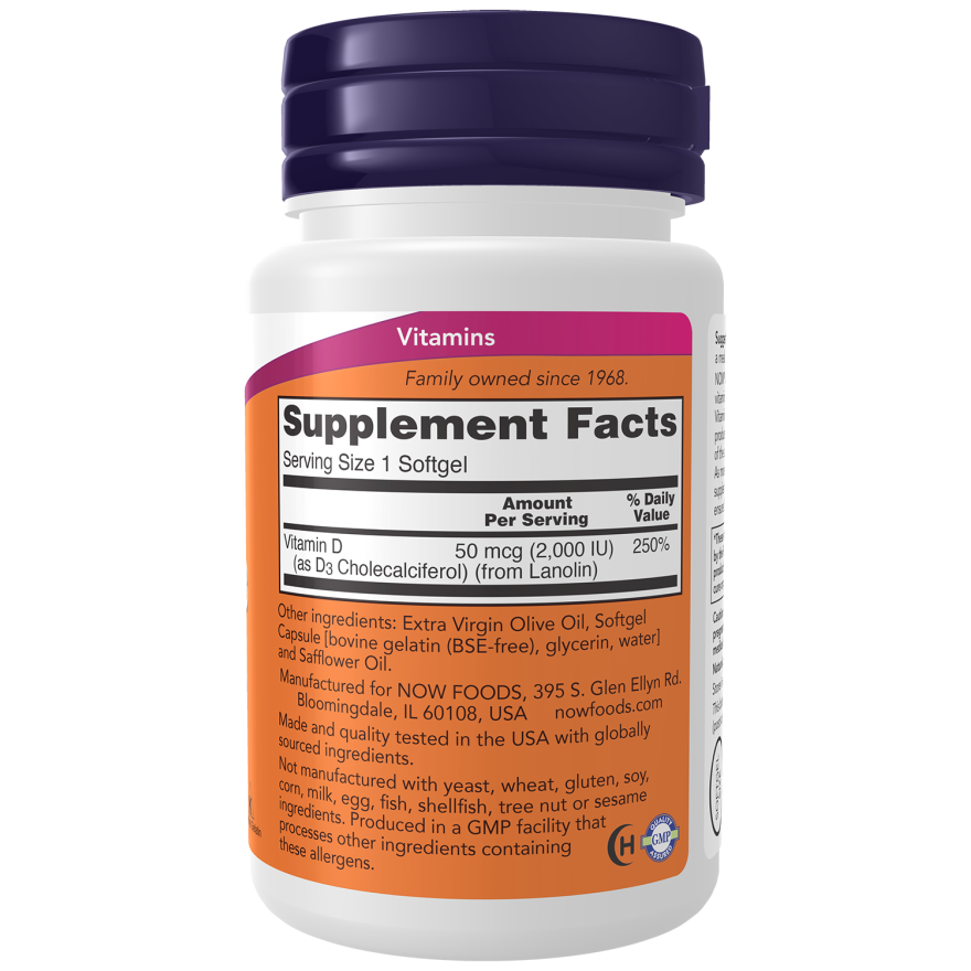 Vitamina D3 - 2000UI - 30 Softgels (1 mes) - Now Foods