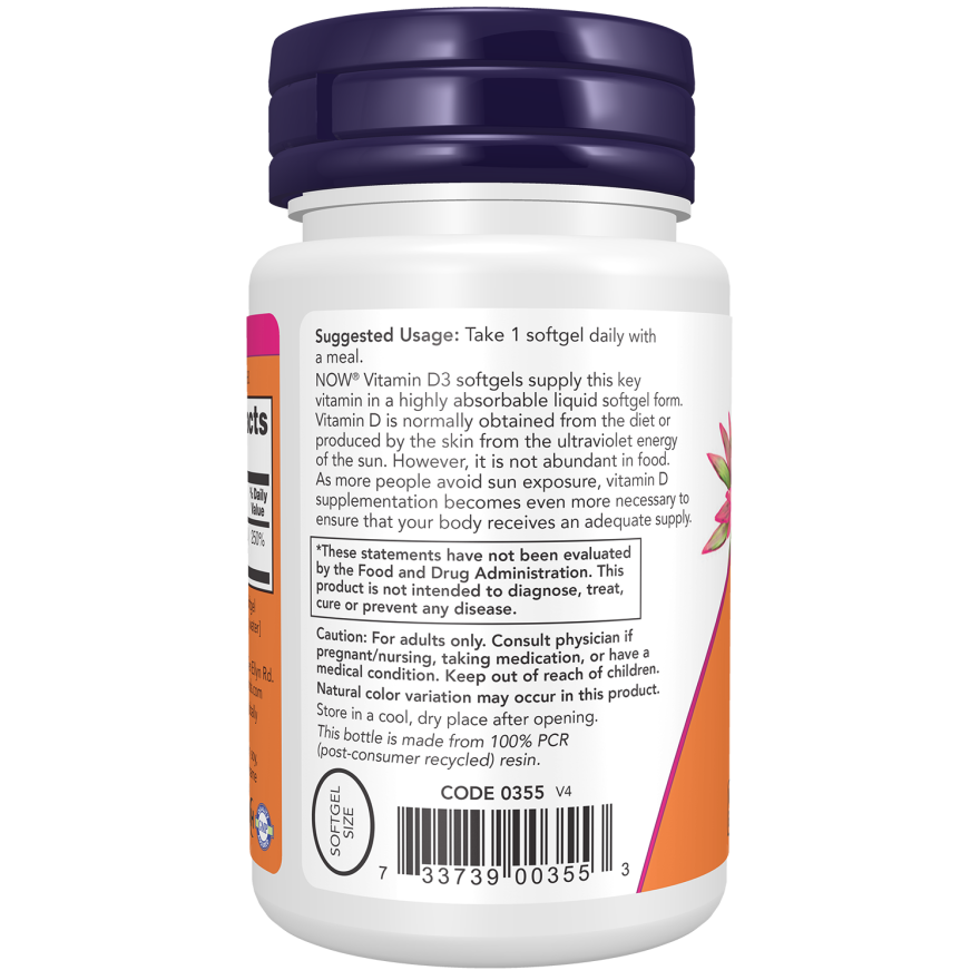 Vitamina D3 - 2000UI - 30 Softgels (1 mes) - Now Foods