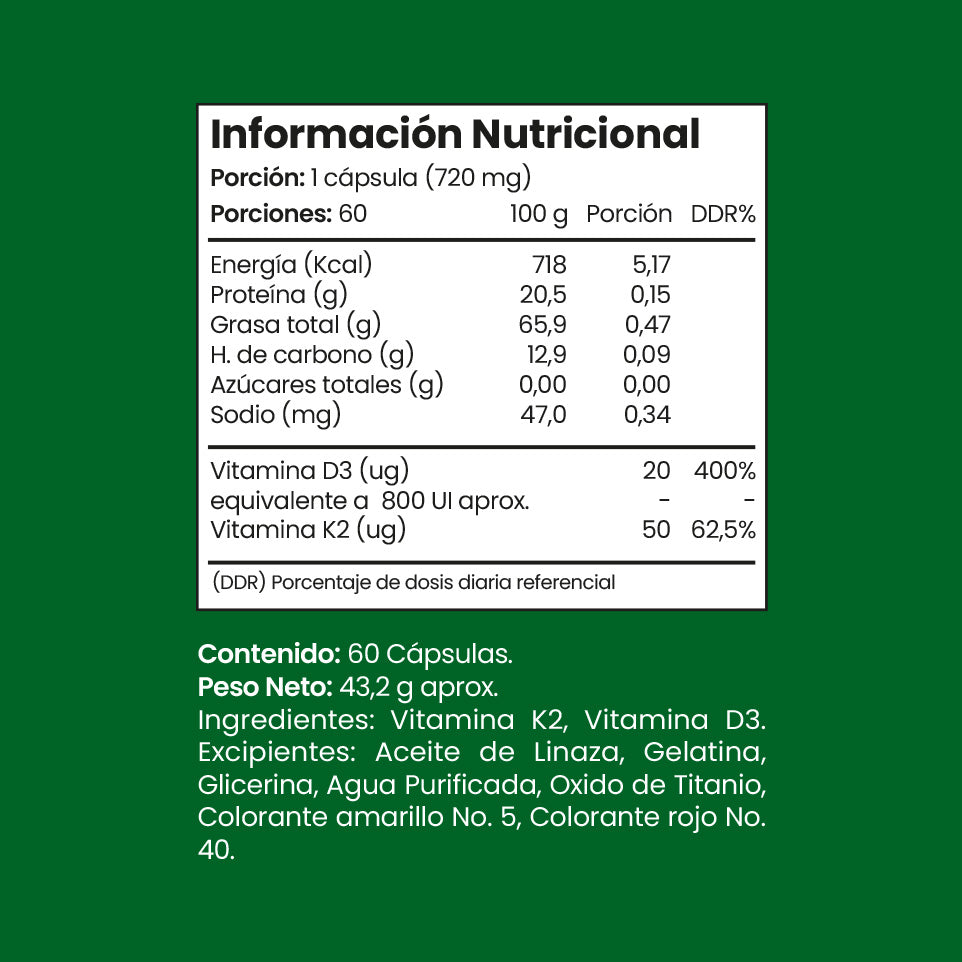 Vitamina K2 + D3 720mg 60 Cápsulas Softgel (2 meses) - Fuente Vital