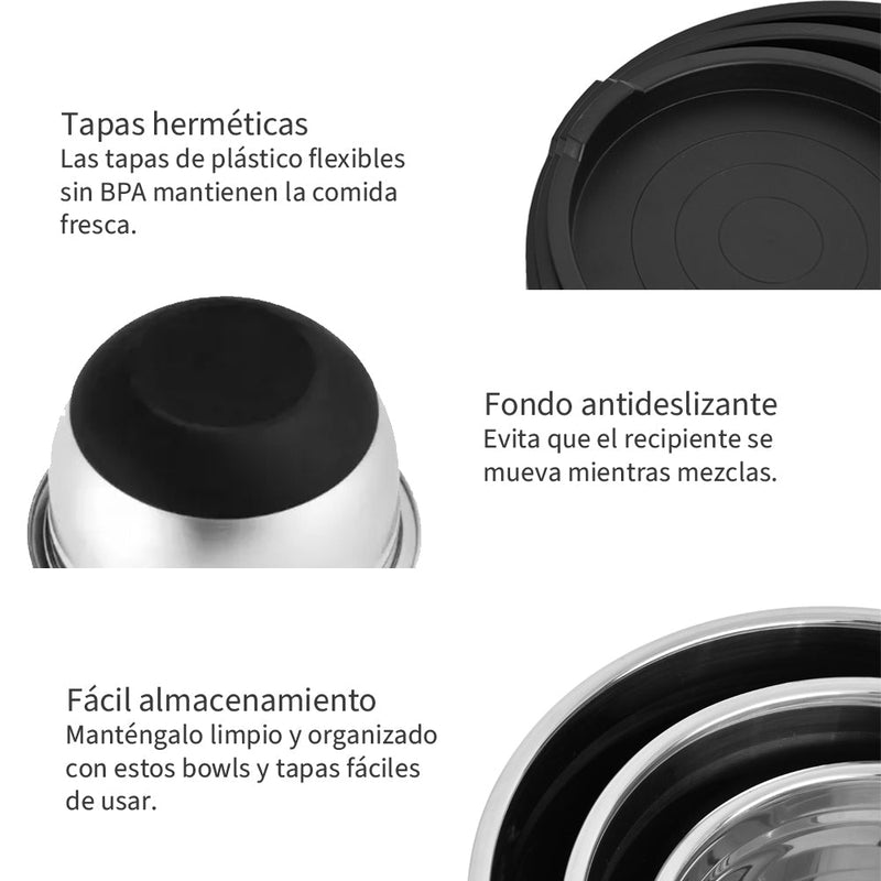 Set 3 Bowls con Tapa Acero Inoxidable Antideslizante - Simplit