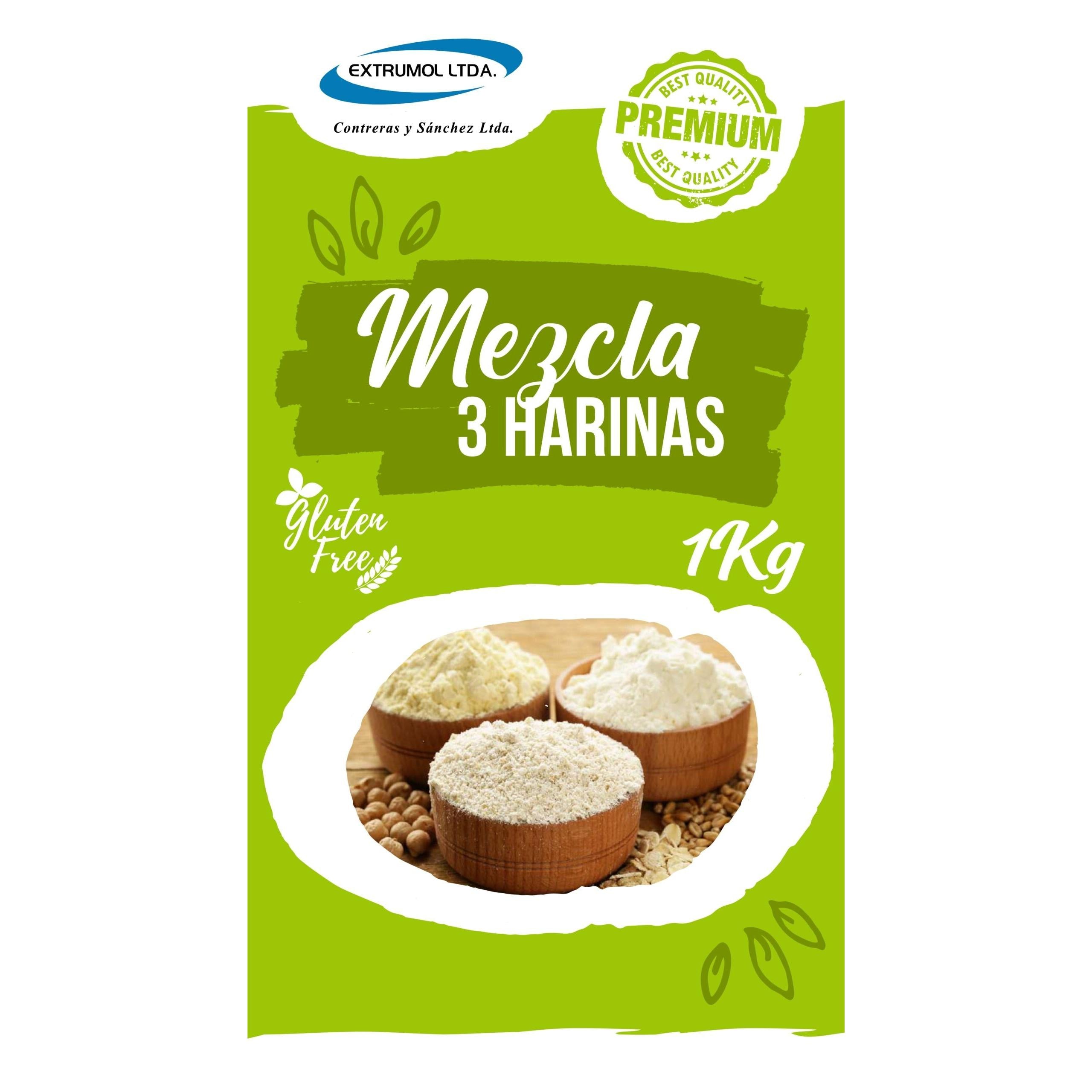 Mezcla 3 Harinas Sin Gluten (Arroz-Mandioca-Maíz) 1kg - Extrumol
