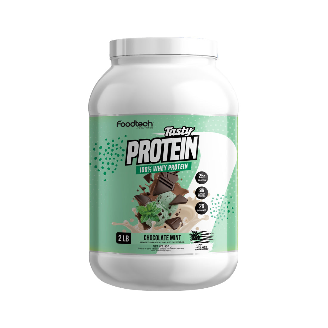 Tasty Protein 100% Whey Chocolate Mint 2lb (26 porciones) - Sin Azúcar Añadida - Foodtech