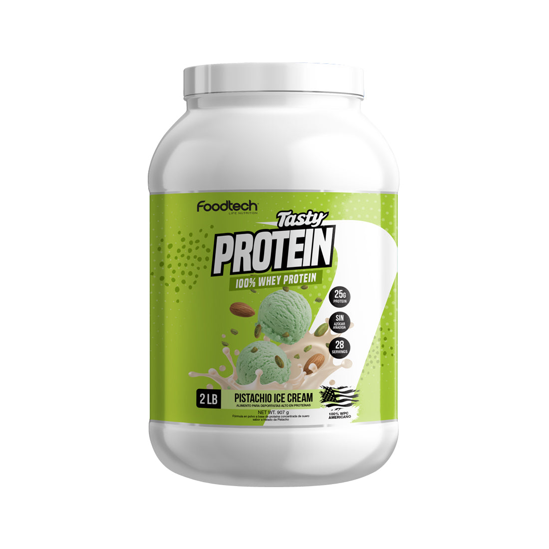 Tasty Protein 100% Whey Pistachio Ice Cream 2lb (28 porciones) - Sin Azúcar Añadida - Foodtech