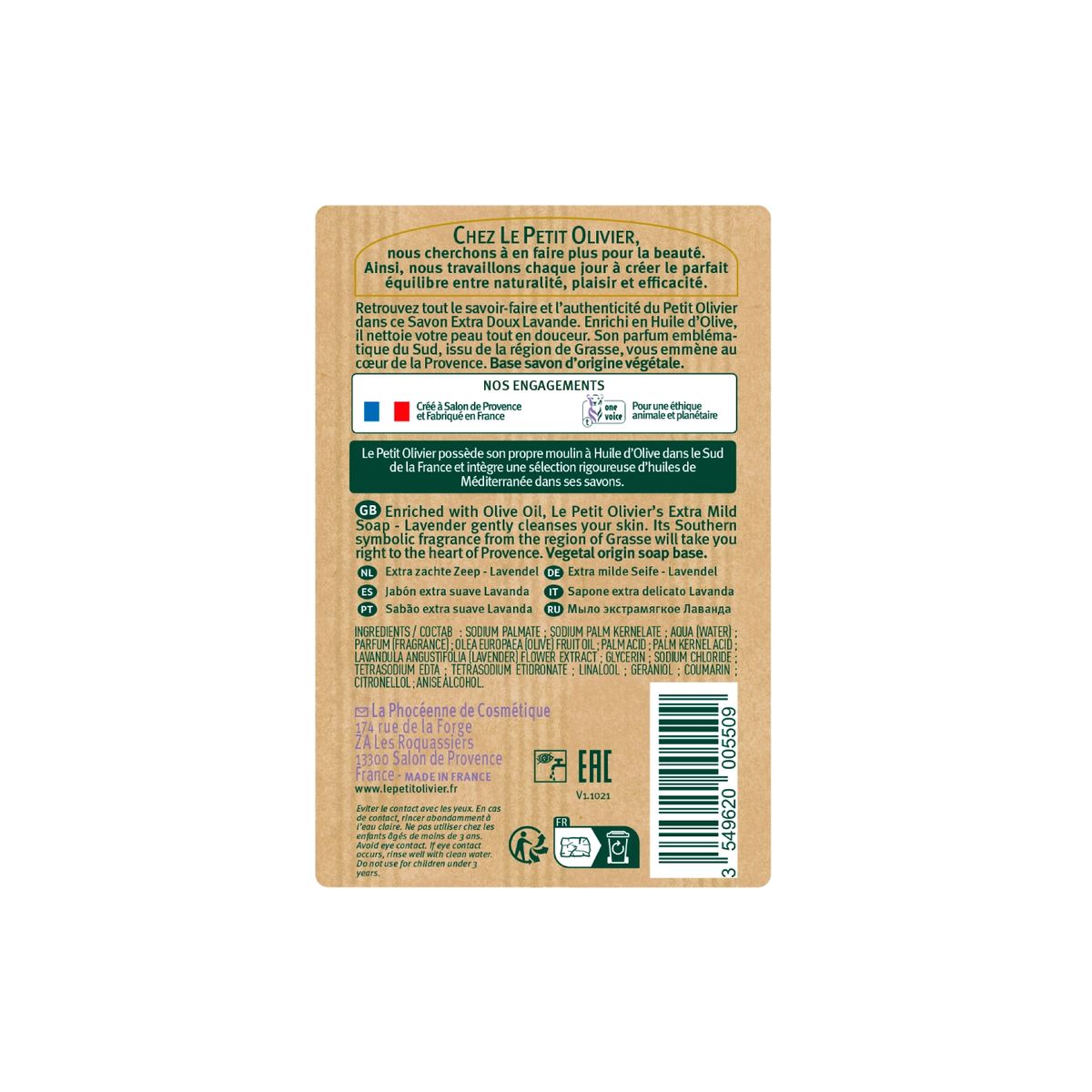 Jabón Sólido Extra Suave Lavanda 250gr - Enriquecido con Aceite de Oliva - Le Petit Olivier