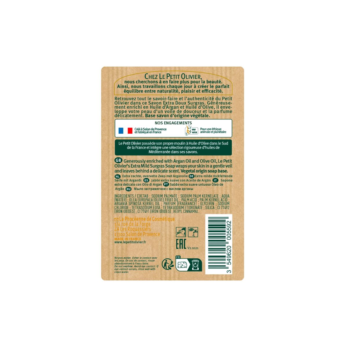 Jabón Sólido Extra Suave Surgras Aceite de Argán 250gr - Aceite de Oliva y Argán - Le Petit Olivier