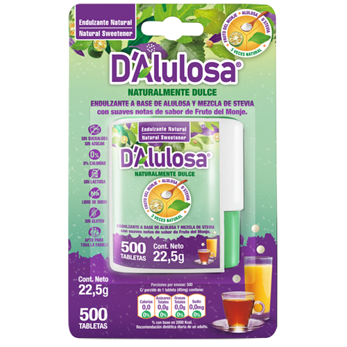 Endulzante de Alulosa y Stevia Dispensador 500 Tabletas 22,5gr - D'Alulosa